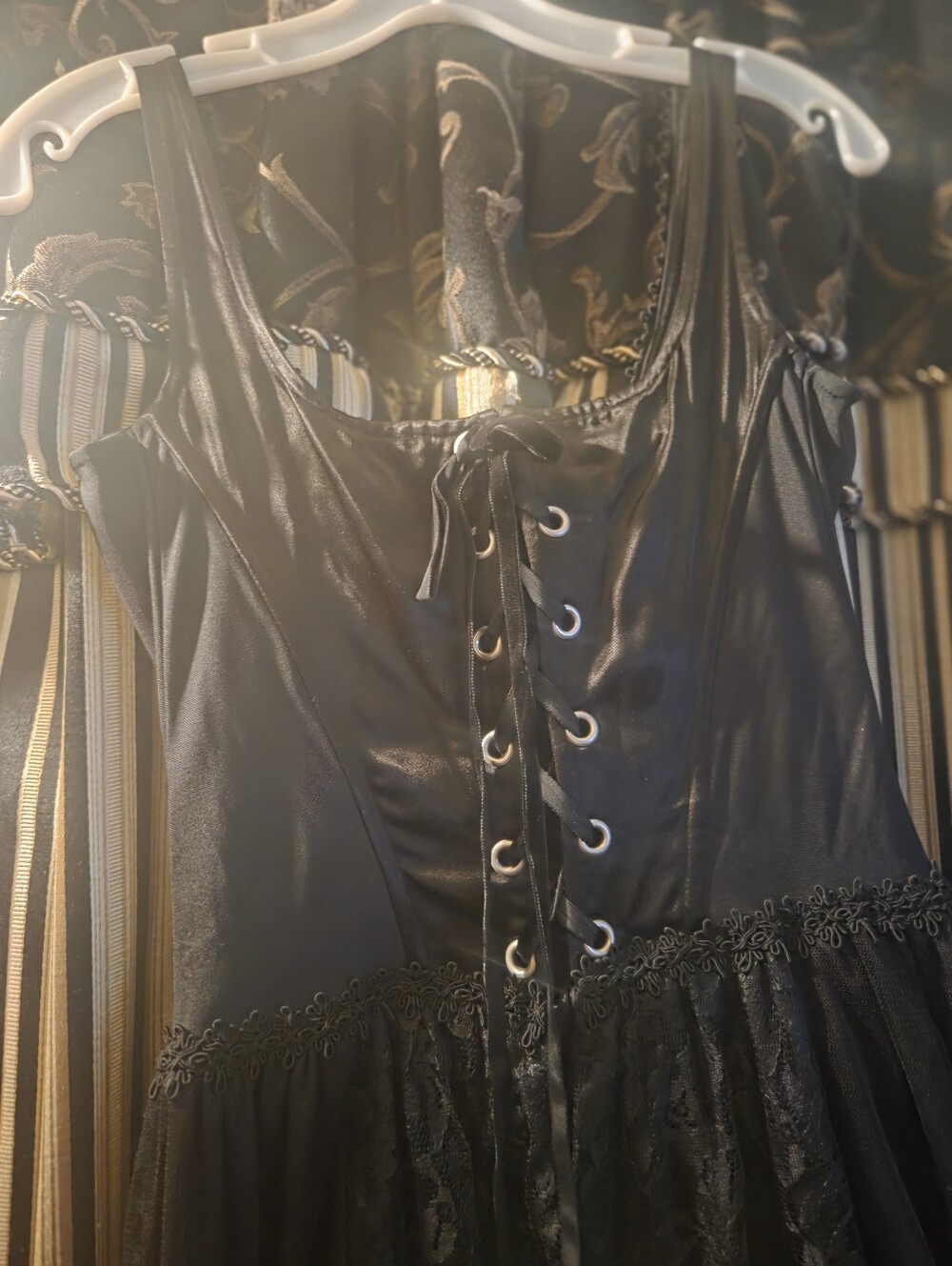 Vintage 90s Goth Tripp NyC Maxi Corset Dress Black Lace, Velvet, Princess Vamp - Picture 5 of 14